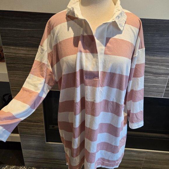 PREPPY | In Every Story Pink White Stripe Oversized Rugby Shirt Dress Tunic X - Picture 1 of 3